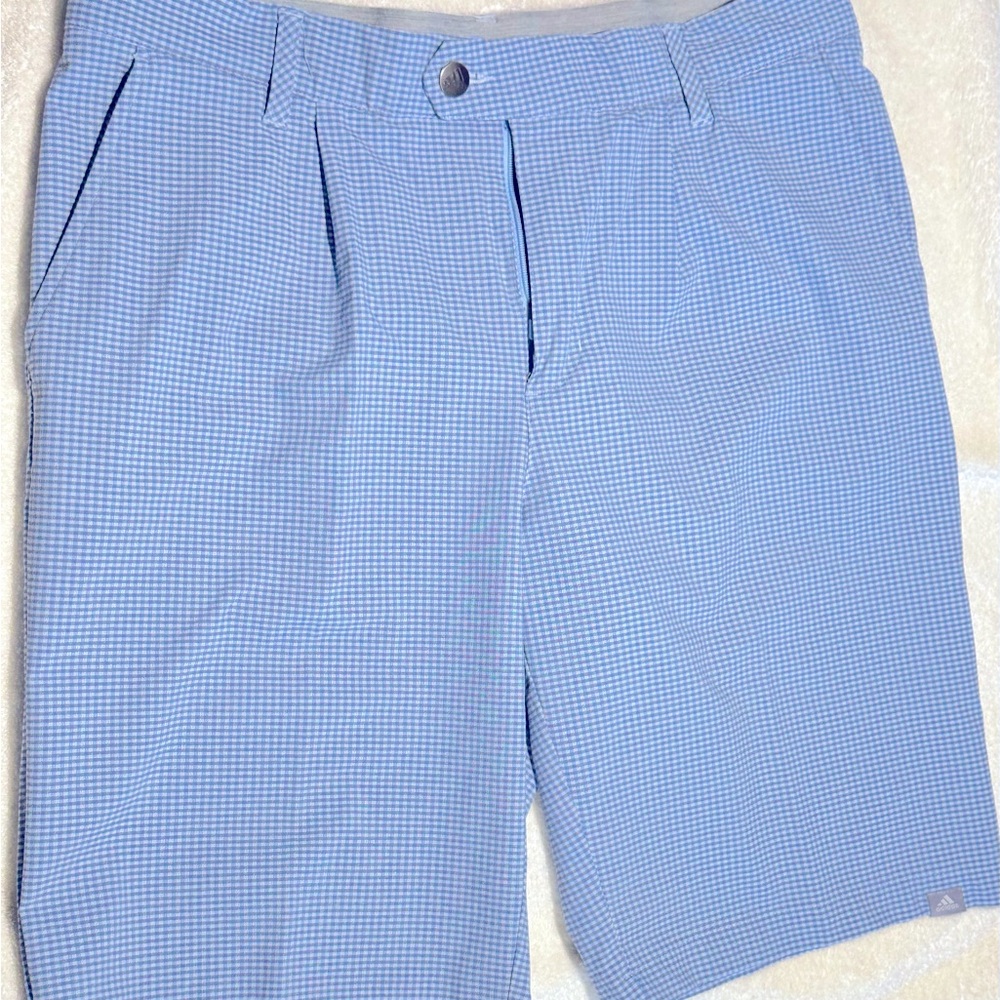 Mens Adidas golf shorts, size 32. Blue & light grey checked. Good condition.